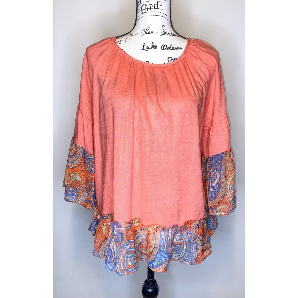 UMGEE Paisley Bell Sleeve Tunic Top Womens SM Coral Paisley Boho